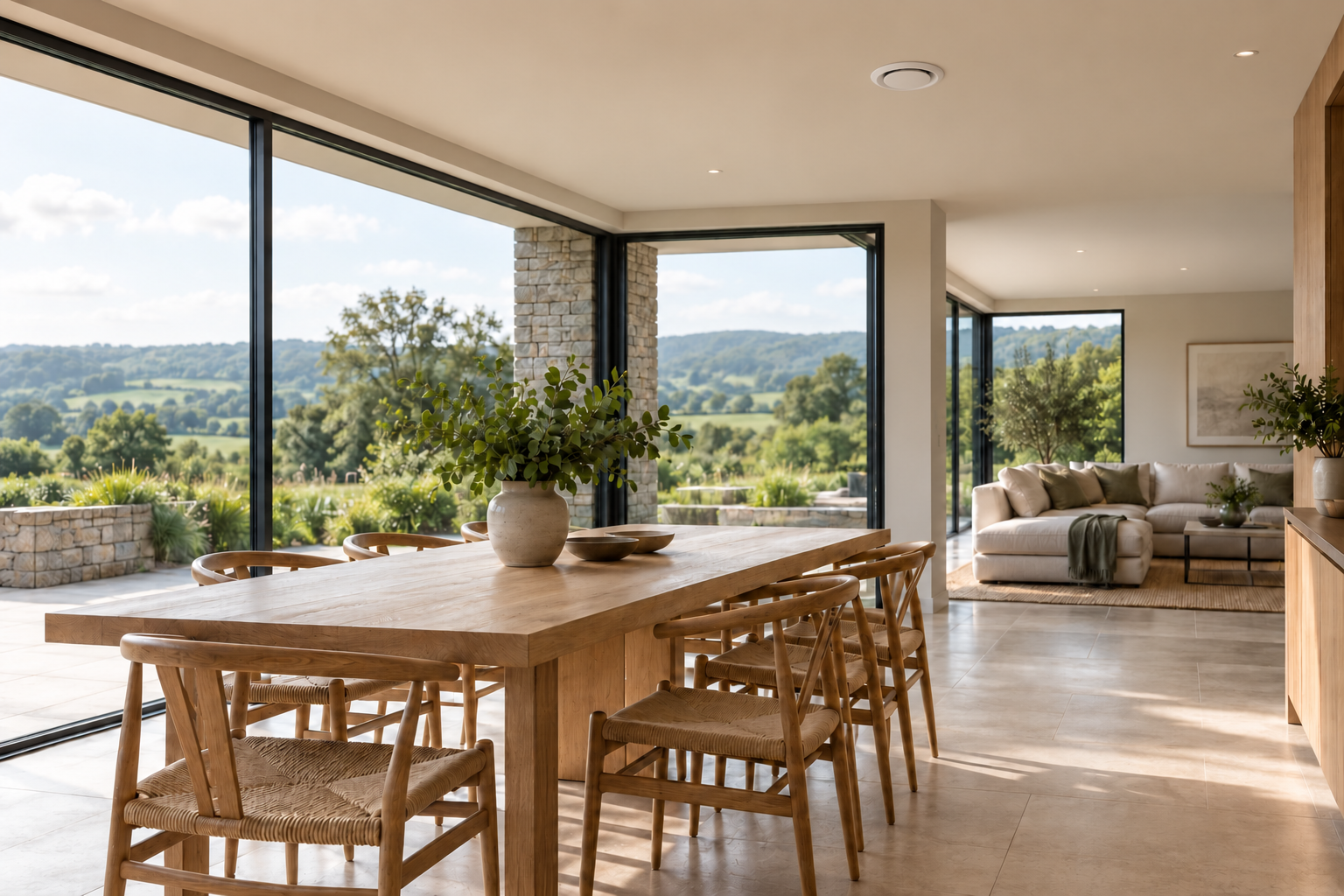 A bright contemporary home with a white ceiling supply valve. An animated overlay illustrates fresh air entering the room.